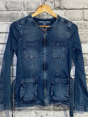 Sandwich Denim Women's Dark Blue Denim Zip Jean Jacket with Belt